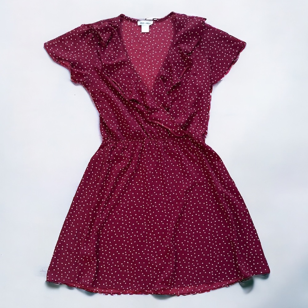 Miley + Molly Polka Dot Ruffle Wine Burgundy Red White Short Sleeve Midi Dress M
